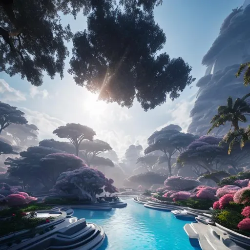 Prompt: view of neoclassical and monumental alien city in the middle of jungles of strange light blue trees and blue ,white and pink  flowers ,cian grass, surreal and unique prehistoric white araucaria,volumetric light, organic forms ,clear image,lights,photorealistic,hyper realistic,ultra detailed, concept art, octane render,cloudy sky, sunlight, wide angle lens, mint color,8k