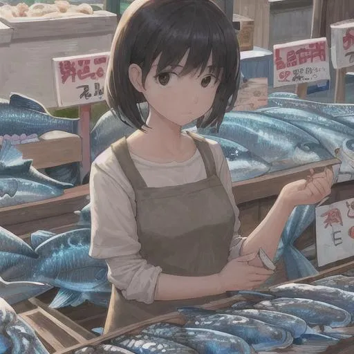 Prompt: Girl at a fish market