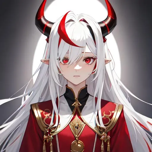 Prompt: Zerif 1male (Red side-swept hair covering his right eye) holding Zaley {white hair, female, white demon horns, 10 years old}, UHD, 8K, highly detailed
