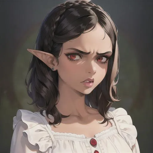 Prompt: (masterpiece, illustration, best quality:1.2), brown skin, angry face, detailed eyes, medieval style, pixie hair style, black hair, devilish like white eyes, wearing white nightgown, best quality face, best quality, best quality skin, best quality eyes, best quality lips, ultra-detailed eyes, ultra-detailed hair, ultra-detailed, illustration, colorful, soft glow, 1 girl