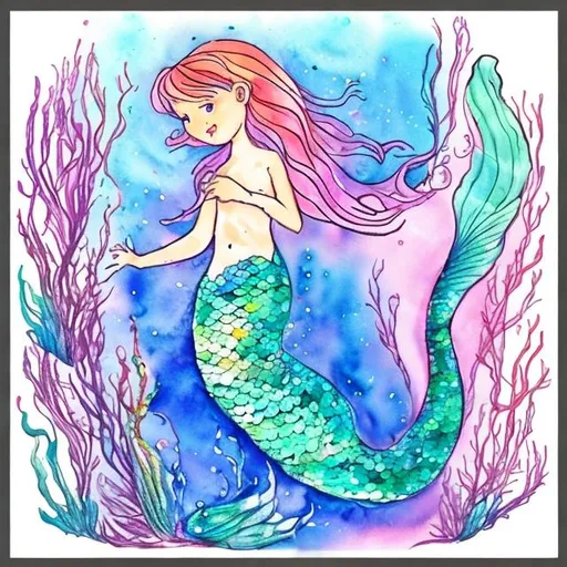 Prompt: One mermaid. Kids drawing style with watercolours finish. Pink and pastels. Glitters. Aquatic plants.