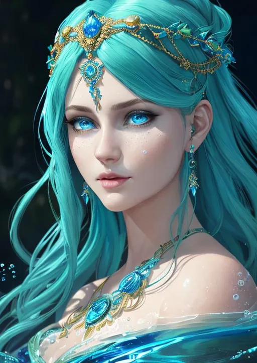 Prompt: portrait of goddess of water, wearing blue and green dress, oil painting, aquatic elemental, sanctum, straight blue hair, blessed, shiny blue eyes, detailed lips, mesmerizing, gorgeous, stunning, highly detailed concept art, high resolution scan, hd octane render, intricate detailed, highly detailed face, unreal engine, trending on artstation, UHD, 8k, Very detailed