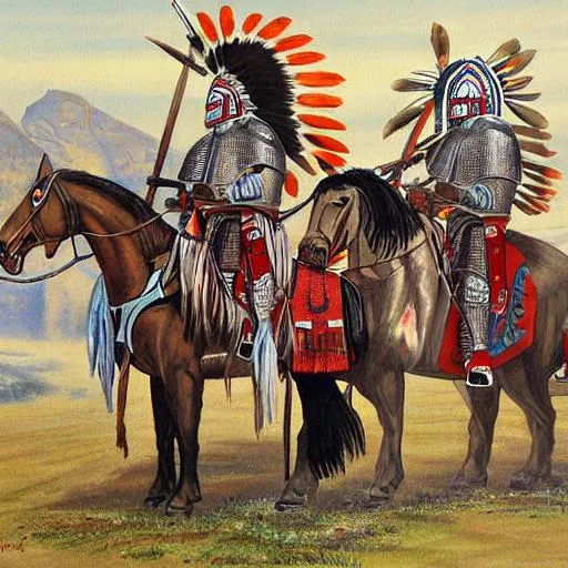 Prompt: A painting of Native Americans wearing knights armor by Clark Kelley 