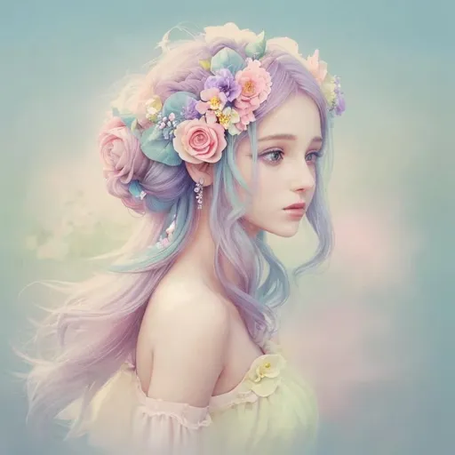 Prompt: Beautiful creation, woman with flowers in her hair, pastel colors