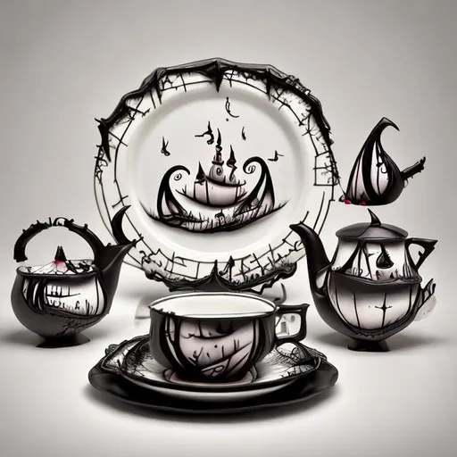 tea set in the style of tim burton