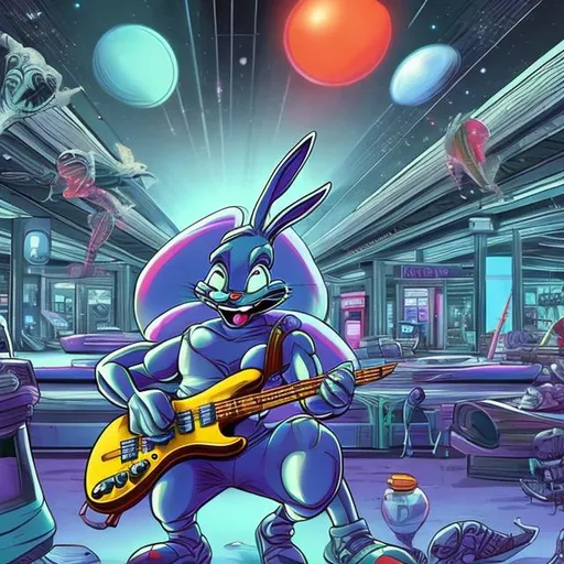 Prompt: Bodybuilding Bugs Bunny playing guitar for tips in a busy alien mall, widescreen, infinity vanishing point, galaxy background
