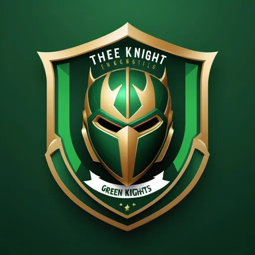 Prompt: (dynamic logo of a football team), (bold colors), team name (accurately spelled text "The Green Knights"), energetic design, modern aesthetic, fierce knight imagery, exciting and powerful, vibrant green and striking gold palette, dynamic and engaging, high-quality graphics, sporty vibe, eye-catching composition.