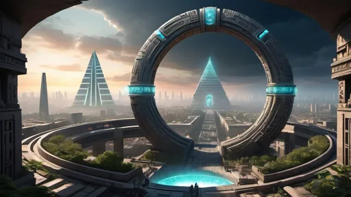 Prompt: magical portal between cities realms worlds kingdoms, circular portal, ring standing on edge, upright ring, freestanding ring, hieroglyphs on ring, complete ring, ancient aztec architecture, zigurat, pylons, gardens, hotels, office buildings, shopping malls, large wide-open city plaza, panoramic view, futuristic cyberpunk tech-noir setting, open sky