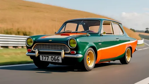 Prompt: lotus Cortina 
, tri tone  green , red and gold  , gold rims, large whale tail, on the open road, driver in white racing suite with orange tinted visor 
