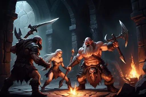 Prompt: dark dungeon lighted by torchs with a male barbarian with sword, male dwarf with axe, woman elf with bow and a male wizard. They are fighting against goblins 