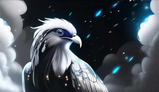 Prompt: portrait of a glass phoenix that is glowing, black and white 
 feathers, bioluminescent, nebula, glitter, in the clouds, beneath the stars, highres, best quality, concept art