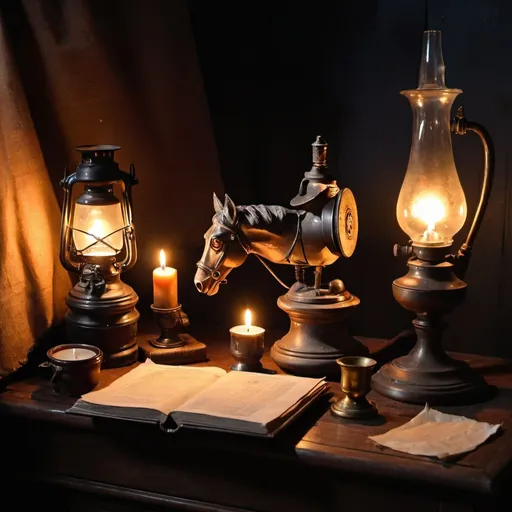 Prompt: Still life photo of old things, old oil lamp, old sack, white book and paper, gramophone, candle, lighter and pipe, wooden statue of a horse, glasses, etc. The oil lamp is on and the room is dark.