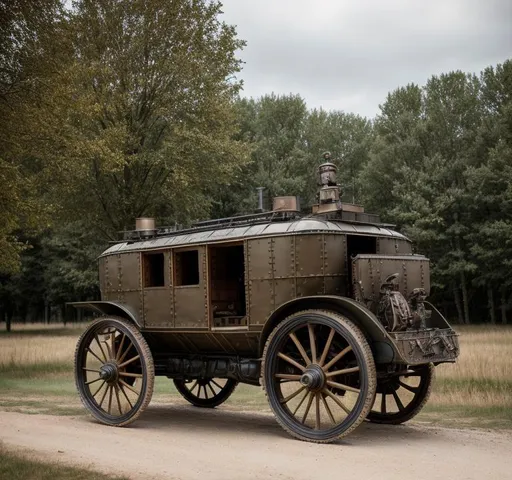 Prompt: A steampunk war carriage on the battlefields of ww1