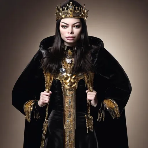 Prompt: miranda cosgrave, detailed face, beautidul face, queen, gold crown, black robe, gold jewelry, skinny body, thin body, anorexic body, thin face