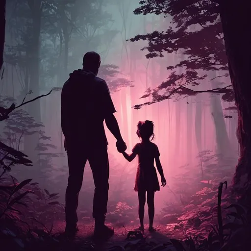 Prompt: a forest, silhouette of father and infant daughter holding hands, very young daughter, highly detailed comic book, hyperrealism, grainy, chromatic abberation, volumetric lighting, digital art, octane render, beautiful composition, trending on artstation, masterpiece