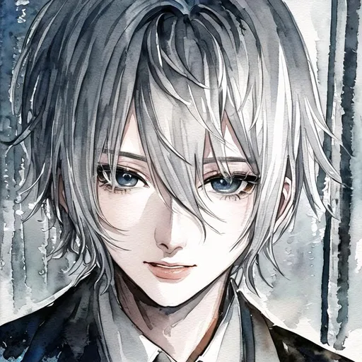 Prompt: wearing shirt suit, chainsaw man art style, white hair, watercolor painting, watercolor rendering, black and white, completely fully black eyes, male, man, boy, black and white, glossy lips,closeup portrait shot of a man, korean, in suits, manhwa art style, eye bags, pink eyebags, manhwa, korean art style, rendered warmly, black and white,