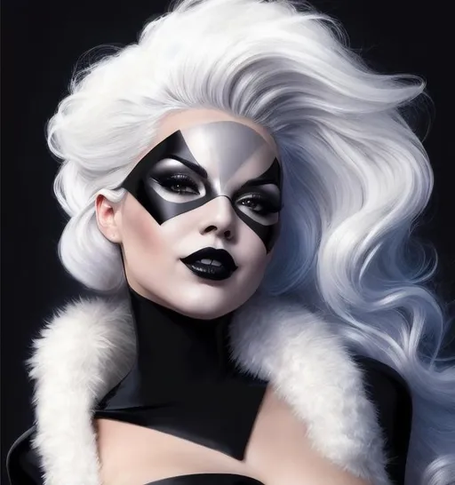 Prompt: Artgerm type portrait of a comics superhero, young woman, feminine beautiful face, wearing a black latex costume with a fluffy fur scarf, black domino mask, perfect face, sarcastic smile, black lipstick,  eyeshadow smoky make up, wavy flowing silky white platinum hair,  fantasy art, inspired by Stanley Lau, Greg Rutkowski, high definition, highly detailed, unreal engine, no deformity, no ugly hands, cinematic postprocessing, digital painting, perfect lighting, satin finish 