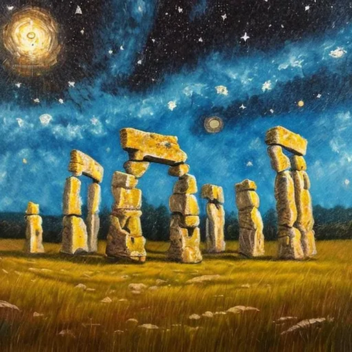 Prompt: Ancient stongehenge, Under the stars, Highly detailed, Realistic, Oil painting