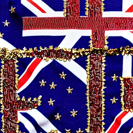 Prompt: Embroider the royal lion pattern on the british flag in great detail with gold-printed sequins and line it up with blue white red hot fix crystal stones to create a perfect looking british flag design
