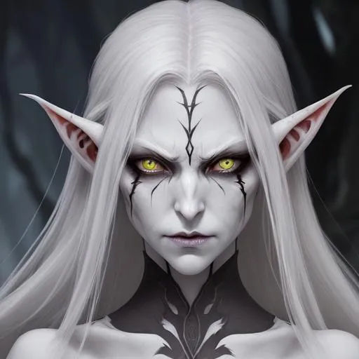 Prompt: Character illustration of a sinister female elf revenant looking for vengeance. She has a beautiful face ruined by death. She has a brutal scar through one eye. Her eyes are white. She has sunken eyes and hollow cheeks. She looks starved. She is pale and pallid with a deathly pallor. She is skinny and bony. Her hair is white. Her ornate heavy armour is silver but looks ancient and weathered, rusted in places.  She looks mysterious and sinister. She is surrounded by shadows, gloom, and ghosts. Fantasy art with a gothic horror style. The art style is dark and dramatic, with high contrast. Ultra high definition image. HD. Professional art. 