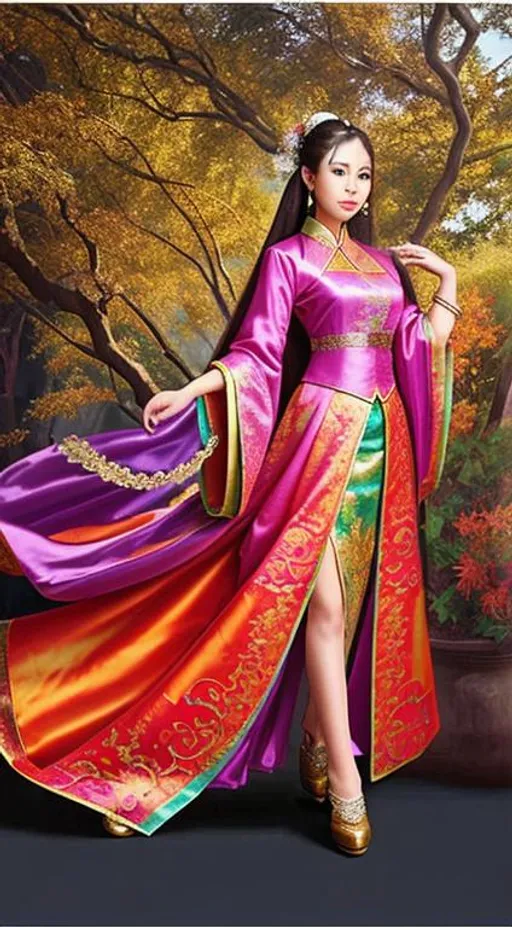 Prompt: Please create an airbrushed painting showing the full body of a beautiful Chinese princess in a silk Qipau  amazing colors specular highlights, dramatic lighting hyperdetailed