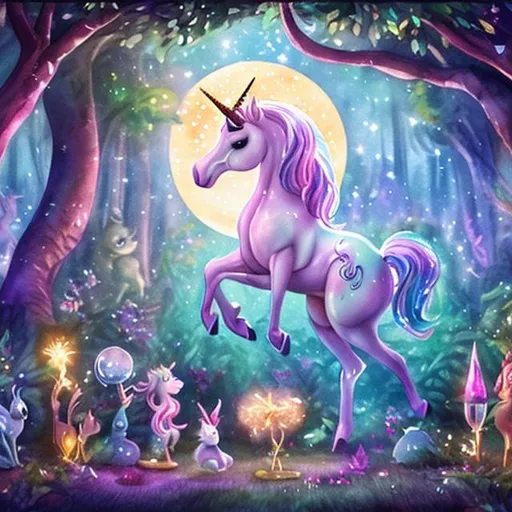 Prompt: "An enchanted forest at night, illuminated by a single beam of moonlight. A majestic unicorn with a golden horn stands amidst the trees, its eyes glowing with magic. The unicorn is surrounded by a group of small, whimsical creatures, each with their own unique features and personalities. The scene is painted using watercolors, with soft, dreamy colors and a focus on capturing the fantastical elements of the forest."