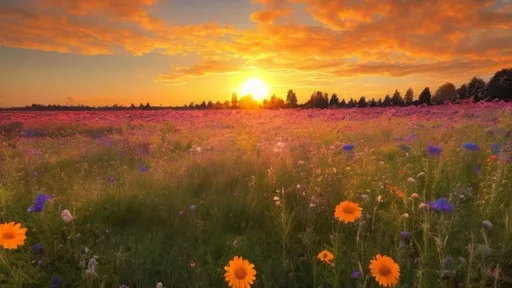 Prompt: A picture of a  meadow full of flowers with a big sunrise in a sunny day with few clouds