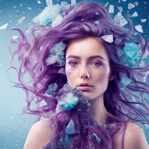 Prompt: Pretty girl with hair fragmenting crystals