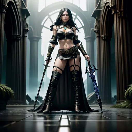 Prompt: splash art, hyper detailed perfect face, full body, In an ultra realistic, hyper detailed dark fantasy dystopian city, near a gigantic Celtic ruin, 

beautiful, adult fantasy Sorceress, full body, long legs, perfect body, visible midriff, staff wielder,

wearing ultra detailed class armor, heavy iron steampunk collar, on her knees praying, 

high-resolution cute face, perfect proportions, intricate hyper detailed fine red hair, light makeup, sparkling, highly detailed intricate shining eyes,

Dark, ethereal, elegant, exquisite, graceful, delicate, intricate, hopeful, glamorous,

HDR, UHD, high res, 64k, cinematic lighting, special effects, hd octane render, professional photograph, studio lighting, trending on artstation, perfect studio lighting, perfect shading.