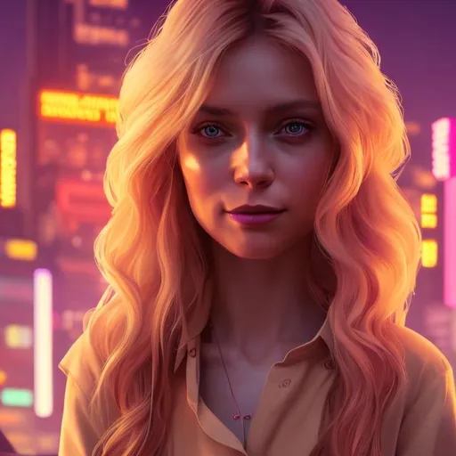 Prompt: handsome beautiful mid-twenties polish woman, long blonde hair,   smile, medium-tan skin, synthwave, dramatic, purple blouse, portrait, realistic details, photorealistic, 8k render, cinematic lighting,  ultra detailed