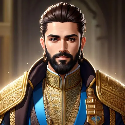 Prompt: Mislim Young boy Othman empair Prince, braided dark brown hair, Beard,brown eyes, icy clothes, smooth forehead, symmetrical, highly detailed body, perfect composition, hyperrealistic, super detailed, 8k, high quality, Splash art, front, epic Instagram, artstation, hyperdetailed intricately detailed, unreal engine, intricate detail, complementary colors, 8k, heavy strokes, full height, full body,