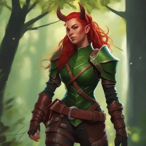 Prompt: dnd a female green tiefling ranger with braided red hair wearing leather armor with short curved horns in a sunny forest