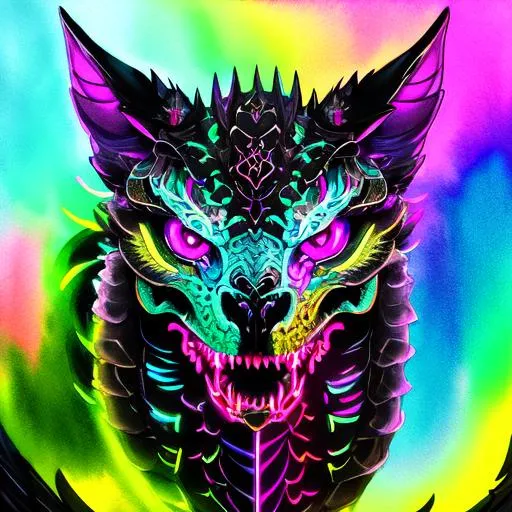 Prompt: portrait of a roaring neon skeleton dragon with fangs and iridescent black markings and a cute face, facing forwards, perfect composition, watercolor on paper with pencils, hyperrealistic, super detailed, 8k, high quality, trending art, trending on artstation, sharp focus, studio photo, intricate details, highly detailed