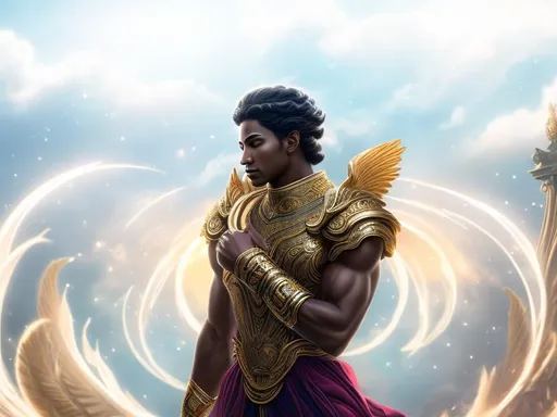 Prompt: Apollo, the God of Light and Music, comes to life in this full body character portrait, radiating an aura of grace and artistic brilliance. With a toned and athletic build, his sun-kissed skin exudes vitality and youthful vigor. This dark fantasy digital portrait showcases Apollo's finely chiseled features, his face a symphony of divine beauty and harmonious proportions. His lustrous golden hair cascades down his back, complementing his piercing eyes that sparkle with wisdom and creativity. Adorned with celestial tattoos that shimmer like stardust, he epitomizes the artistic spirit. Apollo is dressed in flowing, ethereal robes, woven with intricate patterns that depict celestial bodies and musical notes. In one hand, he holds a radiant lyre, its strings humming with celestial melodies, while in the other, he clasps a shining sun disc, symbolizing his dominion over light and prophecy.