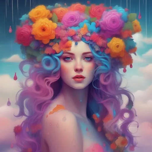 Prompt: Colorful and beautiful Persephone with hair that is made out of rain clouds