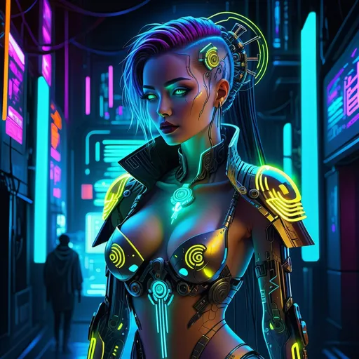 Prompt: Full body view cyberpunk goddess lady of the dead, digital painting, intricate cybernetic details, glowing neon accents, haunting and ethereal presence, high quality, anime style, cyberpunk, futuristic, mysterious, detailed digital art, glowing characters, professional, atmospheric lighting