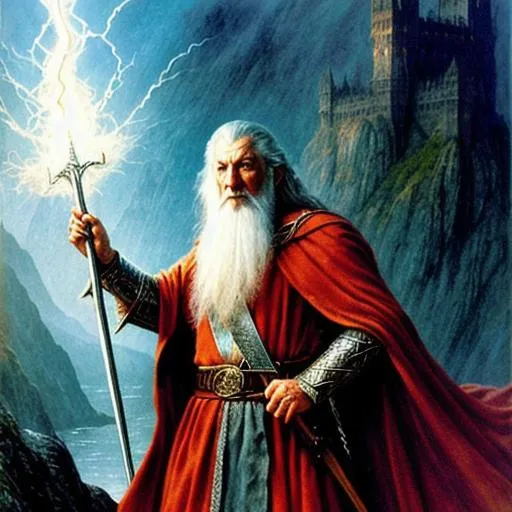 gandalf style wizard, casting lightning at large red... | OpenArt