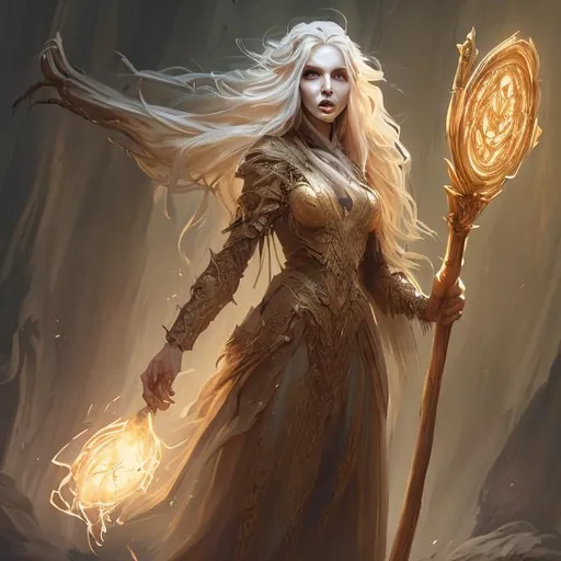 Prompt: Full body splash art portrait of a non-evil female undead sorceress casting a spell, very long honey light brown golden hair with a fringe, wearing long light-colored iridescent pastel robes, carrying a wooden staff, D&D, fantasy, highly detailed, very sharp focus, digital painting, artstation, concept art, 4k, 8k