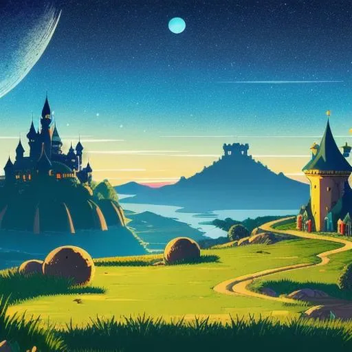 Prompt: A cel shaded kingdom sits atop a large hill, glowing orbs around the sky. 