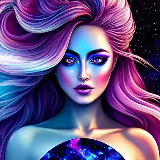 Prompt: Cosmic Epic Beautiful Nebula (Beautiful melancholy {goddess}female liquid satin}, Beautiful and Gorgeous, Beautiful big reflective eyes, long flowing hair, beautiful hands), hyper realistic, expansive psychedelic background, hyper realistic, 8K --s99500