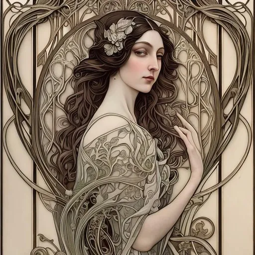 Prompt: Create a stunning Art Nouveau painting that embodies the elegance and organic motifs of the Art Nouveau movement. Incorporate flowing lines, intricate details, and nature-inspired elements such as flowers, vines, and ornate patterns. Use a color palette that evokes the soft, pastel tones often seen in Art Nouveau art, and convey a sense of harmony and grace in your composition.