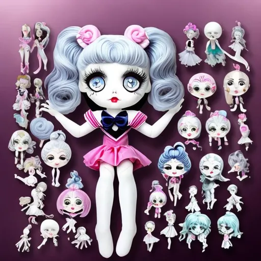 Prompt: Sailor moon Porcelain doll in the style of Tim Burton 