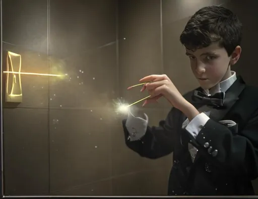 Prompt: 13 year old boy in a tuxedo casts a magic spell with his magic wand on someone else from the outside of a bathroom stall. Only show the outside view of the stall with the boy in the tuxedo with the magic wand and the stall with magic spewing out all over the place because the magic spell was just cast on whoever was inside at the time.