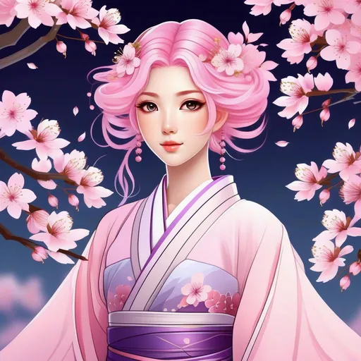 Prompt: Create an anime-style portrait of a young cherry blossom princess with flowing pastel pink hair. She wears an ornate kimono adorned with delicate cherry blossom patterns. Her eyes are a striking shade of deep violet, reflecting her ethereal nature. The illustration should focus on her face, capturing her serene expression as she stands beneath a blooming cherry blossom tree. Background features a soft gradient from pale pink to lavender.