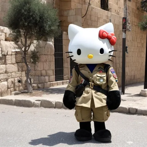 Prompt: hello kitty in Jerusalem wearing IDF uniform