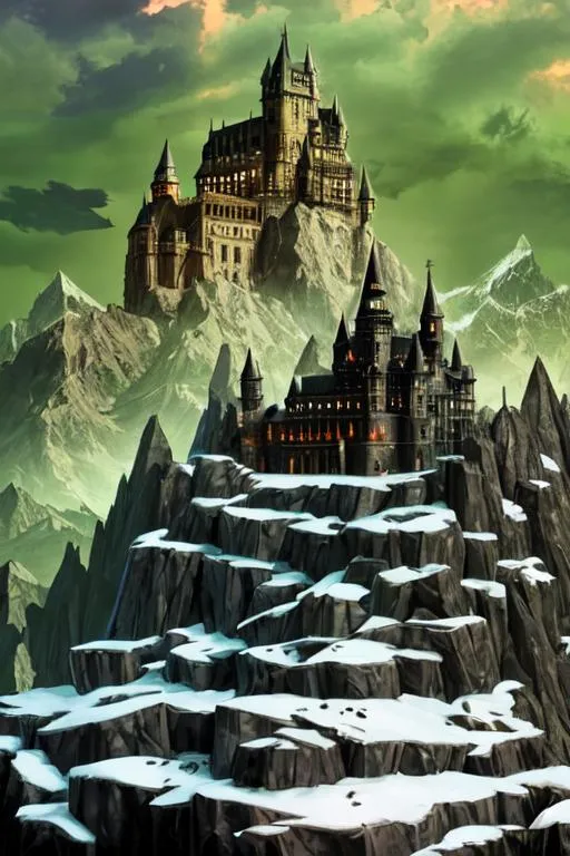 Prompt: dark lords castle on top of mountain surrounded by amassive dark army