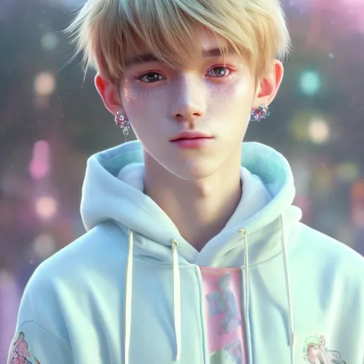 Prompt: Realistic photorealistic 4k hd fanart of young 17 years old cute and pretty, youthfully unblemished handsome femboy, stunning handsomeness and youthful beauty, slightly tanned skin with freckles, crystal azure eyes, wearing a pastel hoodie an a miniskirt, straight blonde hair styled in k-pop bowl cut with shaved undercut. IMPORTANT: short blonde straight hair bowl haircut with shaved undercut, blonde hair, fruity flair