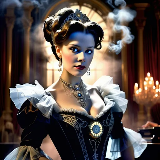 Prompt: "Photorealistic of Christine from Phantom of the Opera, female opera singer in elaborate Victorian performance gown with mechanical musical notes as embroidery, crystal resonator necklace, phonograph-inspired hair ornaments, holding a brass tuning fork with ethereal glow, opera house background with ghostly fog effects --ar 3:4 --s 1000"