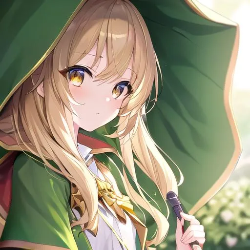 Prompt: (masterpiece, best quality:1.2), illustration, absurdres, highres, extremely detailed, 1 petite girl, blonde hair long hair, golden eyes, eye highlights, green Riding Hood, upper body, depth of field, (:d:0.8), chromatic aberration abuse, pastel color, Depth of field