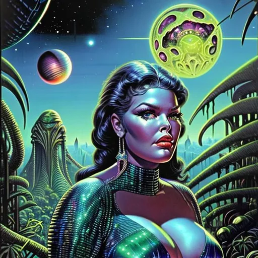 Prompt: 1970s science fiction fantasy cover art by Earl Norem. Gorgeous plus size woman detailed face, wearing jeweled diamond emerald ruby bikini, satin cape.  Retro futuristic jungle on an alien planet at night, with nebula in the sky moody vibrant colors. A futuristic city can be seen deep in the jungle. Illuminated by neon lights
